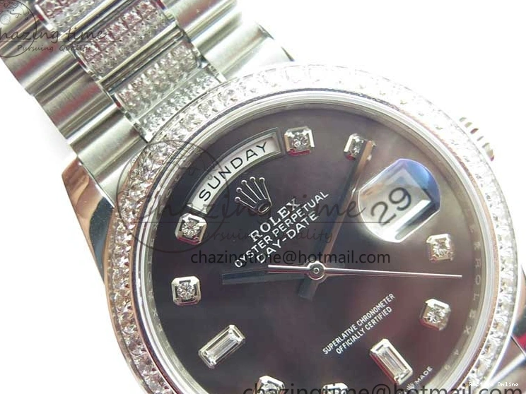 0517 SmoothTexture Day-Date 36mm 128239 SS Crystal BP Best Edition Black MOP Crystal Marker Dial on SS President Bracelet A 2681